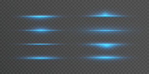 Leinwandbilder - Bright blue horizontal glare. Laser beams, horizontal rays of light. Beautiful light flashes PNG. Vector