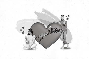 Poster - Collage image of pinup pop sketch of smiling couple celebrating 14 february in instagram twitter facebook isolated painting background