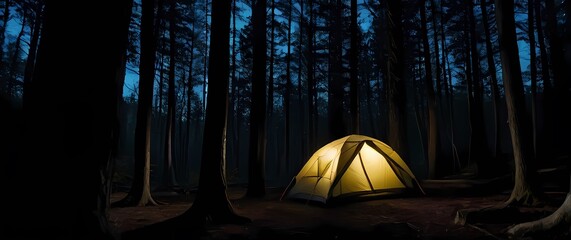 Wall Mural - Mysterious camping tent set against dark woods at night highlighted by soft light inviting adventure and exploration in nature