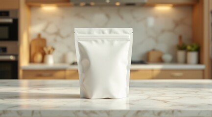 a plain white ziplock pouch on a marble kitchen island, illuminated by diffused natural light for a 