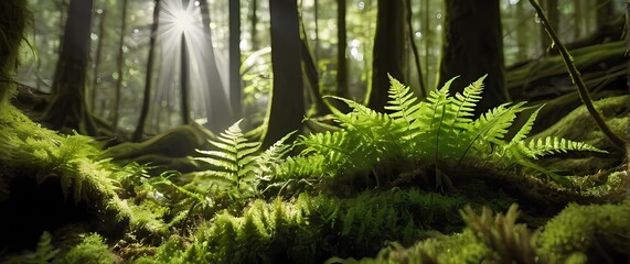 Wall Mural - Lush closeup of ferns and moss growing on a forest floor embodying the tranquility and freshness of a vibrant ecosystem