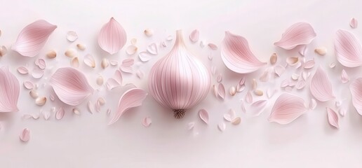 Wall Mural - Pale pink flower petals and bulb, scattered across a light background, creating a delicate and artistic composition. The petals are textured with