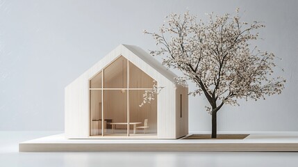 Wall Mural - Wooden house model, tree, minimalist design, studio backdrop, architecture