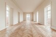 © FirstJaravee - Narrow corridor with white walls and doors leading to spacious room with windows and parquet floor in modern apartment , isolated on white background,  , copy space for text,