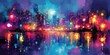 © RizArt - City Nightscape Reflected In Water Showing Vibrant Colors