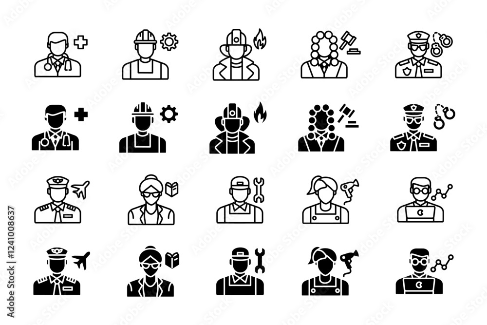 Professions icon set. Doctor, construction worker, firefighter, and judge sign. Police officer, pilot, teacher, and mechanic symbol. Hairdresser and data analyst pictogram. Career illustration.