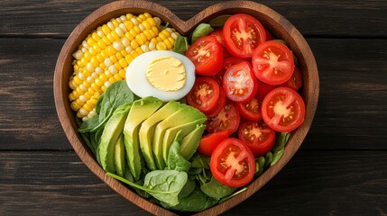 Sticker - Heart shaped wooden bowl filled with a vibrant salad featuring sliced avocado, cherry tomatoes, corn kernels, spinach, and a hard boiled egg. The