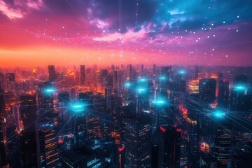 Wall Mural - a vibrant cityscape pulsating with a network of fiber optic cables, weaving through the skyline, illuminated with neon colors that represent a connection to the future and technology