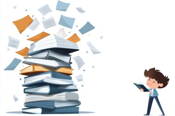 Poster - A flat icon of a student looking up at a tall stack of tuition bills, showing financial pressure in a simple and modern style
