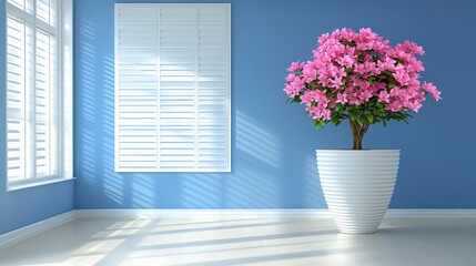 Wall Mural - Light filled room with pale blue walls, white plantation shutters, and a large potted pink azalea. Sunlight streams through the windows, creating