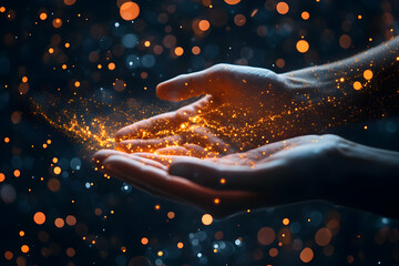 Wall Mural - close-up of hands holding glowing light particles,