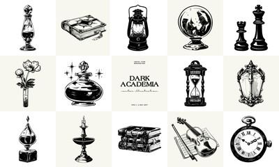 black and white dark academia vector illustrations featuring magical elements: alchemy, glasses, mys