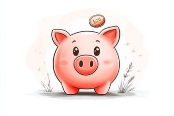 Poster - A minimalist illustration of a piggy bank with a single coin dropping in, symbolizing savings and money management, drawn with clean lines and soft gradients