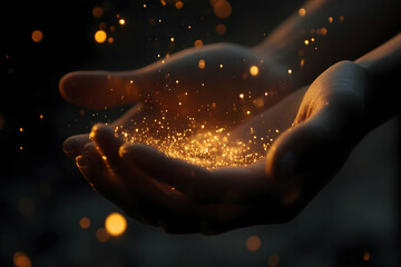 Wall Mural - close-up of hands holding glowing light particles,