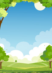 spring landscape green fields lwith mountain, blue sky and clouds background,vertical peaceful rural