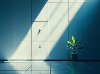 Wall Mural - Digital illustration of a modern, minimalist interior, featuring sunlight streaming across a tiled floor and wall. A small potted plant sits near a