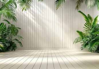 Wall Mural - Empty white wooden floor with white wooden wall background surrounded by lush green tropical plants in a bright sunlit environment, showcasing a