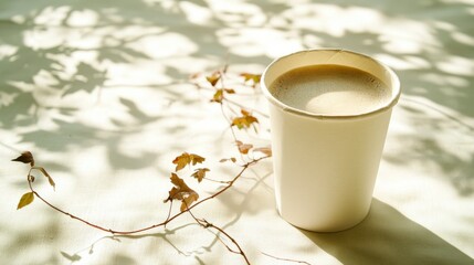 Canvas Print - A disposable white coffee cup filled with light brown coffee rests on a light beige surface, dappled with shadows cast by leaves. Gentle sunlight