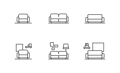 set of sofa icon and living room symbol outline icon, editable stroke