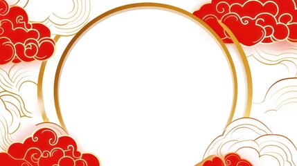 Wall Mural - Festive red & white clouds, gold circle frame, Asian design, celebration background, greeting card