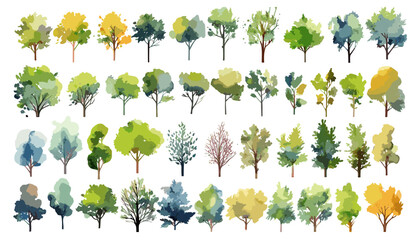 Hand-drawn watercolor trees, different color mix, isolated on white, vector set for landscape plan, garden, architecture layout, environment, summer, spring, decorative illustration