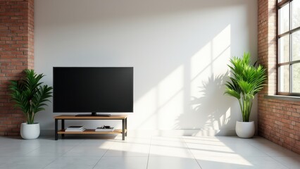  TV Mockup in Office Setting, Airy office exposed brick walls large TV on a metal stand.