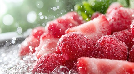 Wall Mural - Fresh raspberries and strawberries, water drops, close-up, food photography