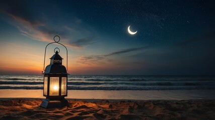 Wall Mural - view of a lantern on the beach during twilight with crescent moon and waves under the starry night s