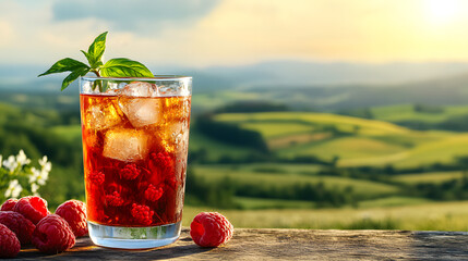 Canvas Print - A refreshing glass of iced tea with raspberries and a sprig of basil, served outdoors with a scenic countryside view.