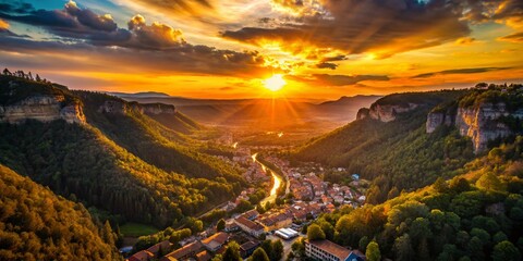 Wall Mural - Drone Silhouette: Canyon to Mountaintop Town, Forest Panorama