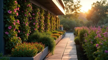 A lush green garden with blooming pink flowers climbing along a modern building facade at sunset