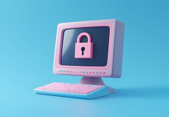 3d rendering of a computer with a lock icon on a blue background.