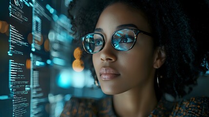 Young African American woman in glasses looking at programming code interface with blue digital display reflection, modern technology concept for software development.