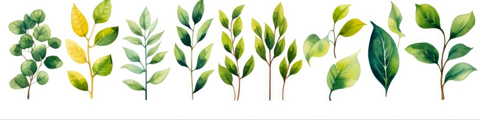 Green Foliage Watercolor Set. Hand Painted Illustration of Leaves, Plants, and Tree Branches, Isolated on White Background