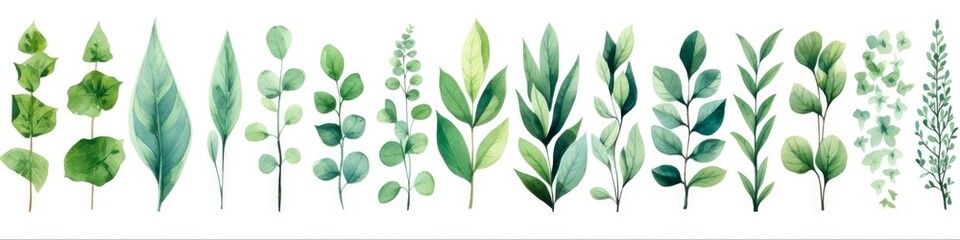 Green Leaf Watercolor Set. Hand Painted Illustration of Plants, Foliage and Tree Branches in Watercolor on White Background