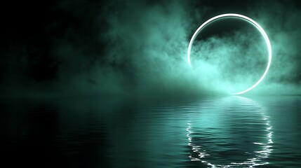 Canvas Print - Glowing neon circle ring reflected in dark water with smoke.