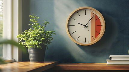 Fototapete - A modern wall clock rests on a wooden shelf beside a potted plant, illuminated by natural light in a cozy indoor setting