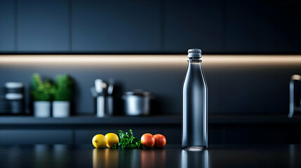 A minimalist composition featuring a sleek bottle of water surrounded by fresh ingredients in a modern kitchen.