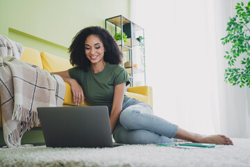 Wall Mural - Full length portrait of nice young girl sit carpet floor use netbook green interior living room flat indoors