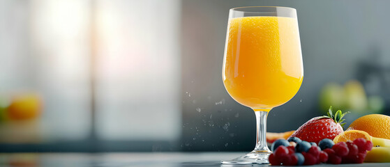 Wall Mural - A refreshing glass of orange juice surrounded by fresh fruits, ideal for breakfast or a healthy snack.