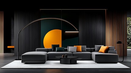 Sticker - Modern sectional sofa in dark living room with geometric wall art