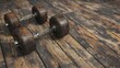 © Marketplace - 3D image of gym worn dumbbells with visible scratches and dust resting on an aged wooden floor in a retro style training facility
