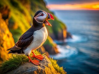 Wall Mural - Icelandic Atlantic Puffin on Cliff Edge, Bird Wildlife Photography