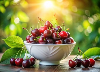 Wall Mural - Juicy Black Cherries in White Bowl - Double Exposure Stock Photo