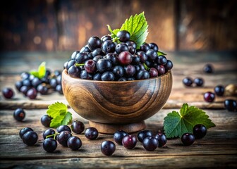 Wall Mural - Juicy Blackcurrants in Bowl – Rustic Wooden Background Double Exposure Stock Photo