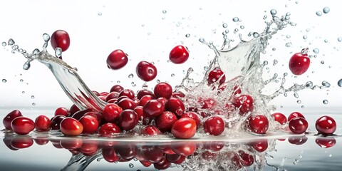 Wall Mural - Juicy Cranberries Splashing into Water: Crystal Clear Drops on White Background