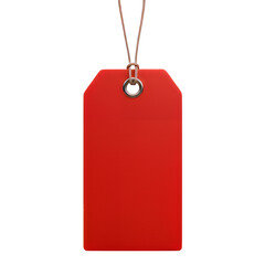 A red rectangular tag with a string attached, featuring a metal eyelet at the top. The tag has a smooth surface and is oriented vertically