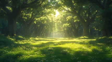 Wall Mural - Sunbeams illuminate idyllic forest path, spring meadow, nature background, ideal for fantasy