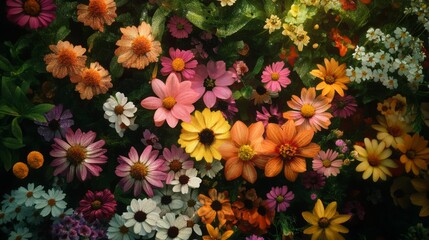 Poster - An overhead view of a flower bed with various blossoms, each glistening with dew, capturing the essence of a vibrant garden in the early morning light.