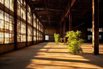 Wall Mural - Sunlight Illuminates Abandoned Factory Interior With Young Trees